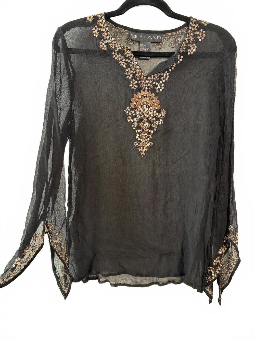 Silkland Blouse Womens Size M Black Sheer Beaded Embroidered Tunic Long